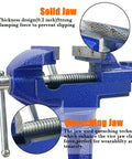 Heavy Duty 2.5 Inch Bench Vise Clamp-On Table Vise With 360 Degree Swivel Base For Woodworking Metalworking Drilling And Cutting, blue cast iron solid jaw close-up