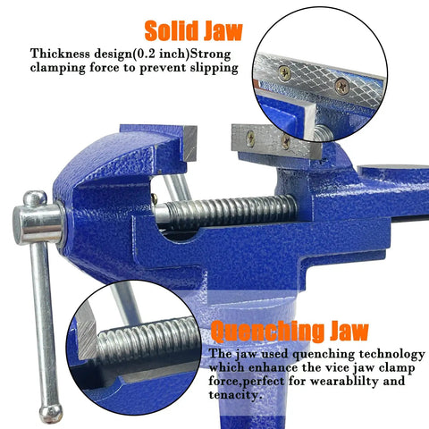 Heavy Duty 2.5 Inch Bench Vise Clamp-On Table Vise With 360 Degree Swivel Base For Woodworking Metalworking Drilling And Cutting, blue cast iron solid jaw close-up