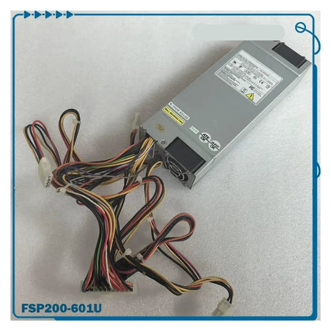Beefy 200W Industrial Control Power Supply FSP200-601U For Reliable Machine Power And Smooth DC Output In Harsh Environments With Industrial Grade Durability Wide Input Range And Protective Features, silver metal unit with multicolor cables