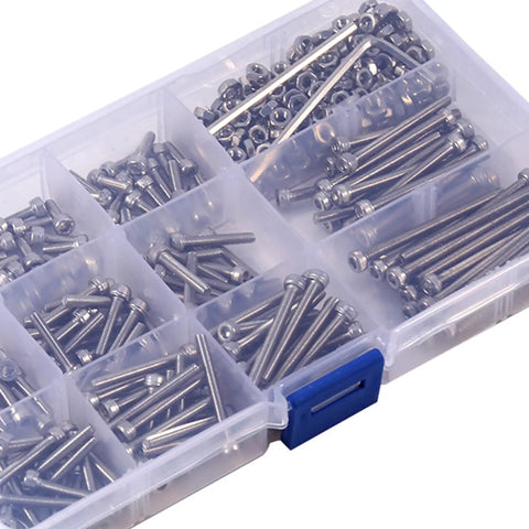 Solid 440 Piece Metric M3 Machine Screw Assortment Kit 304 Stainless With Hex Heads Two Hex Keys Ideal For Machinery Electronics Repair Needing Rust Proof Fasteners That Stay Secure Stop Loosening For Pros And DIYers Keep Gear Tight On Project. open compartment screw kit