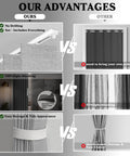 Comparison of accordion door curtain with adhesive track showing no drilling, 100% light blocking, and easy storage versus others.