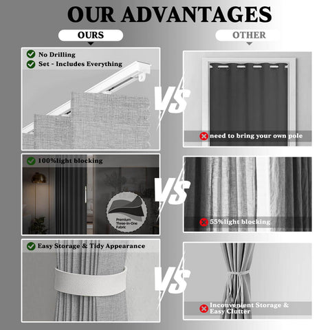 Comparison of accordion door curtain with adhesive track showing no drilling, 100% light blocking, and easy storage versus others.