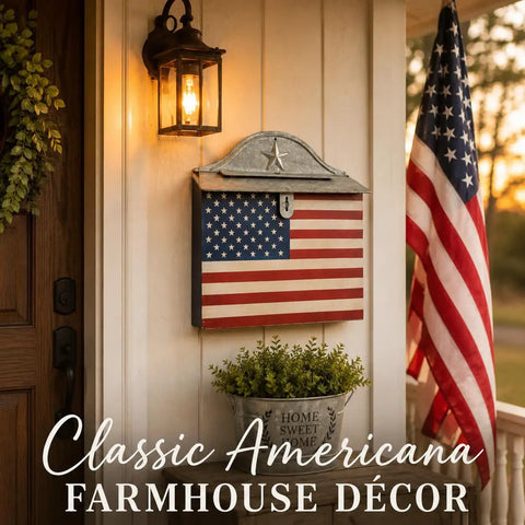 Vintage Farmhouse Post Box With Folding Top For Home Decor Nostalgic Charm With Grab Worthy White Horizontal Style Durable Metal Craft Classic Country Vibe 15.9 Inch Tall By 11 Inch Wide Perfect Corner Accent featuring American flag design on porch