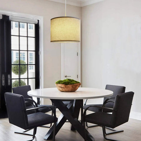 Dining room with Plug In Pendant Light With 15 Foot Cord And On Off Switch, Easy No Hardwiring Hanging Lamp With Fabric Shade, Soft Beige Finish.