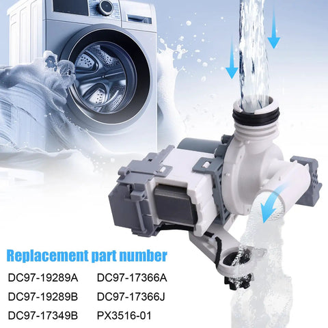 Premium Washer Drain Pump Assembly Plug And Play Replacement Motor with water flow, designed for direct bolt install.