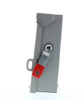 Side view of Three Phase 60 Amp 240V General Duty Indoor Non Fusible Safety Switch with red handle in steel NEMA 1 enclosure.