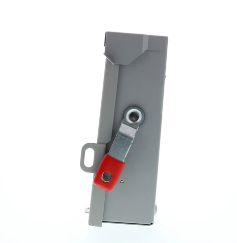 Side view of 2P 60A 240V general duty outdoor non fusible safety switch with visible blade and quick make quick break action