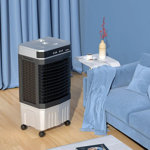 Top Shelf Portable Evaporative Air Cooler With Remote 12H Timer Spacious Water Tank 4 Ice Pads 3 Speeds 90 Oscillation in a cozy living area.