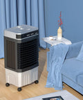 Top Tier Portable Evaporative Air Cooler And Sweet Swamp Cooling Setup With Remote Control 12 Hour Timer 90 Degree Oscillation in blue interior.