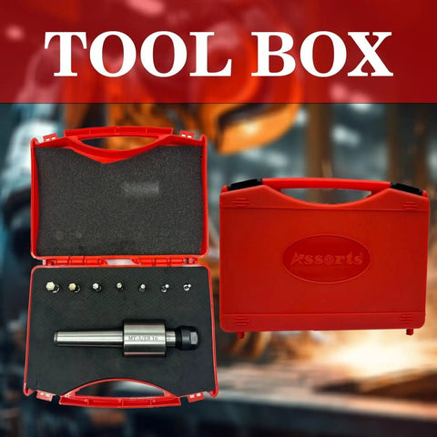 MT3 Rotary Broach Tool Holder Kit with ER16 Adapter and 7 Hex Imperial Broaches in red toolbox, non wobble design for lathe use
