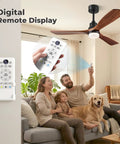 Family using 60 Inch Smart Ceiling Fan With Lights For Outdoor Patio And Covered Porch, Three Real Wood Blades In Dark Walnut, Alexa And Google Assistant Voice Control, App And Remote, Quiet DC Motor, sitting in living room with remote control display.