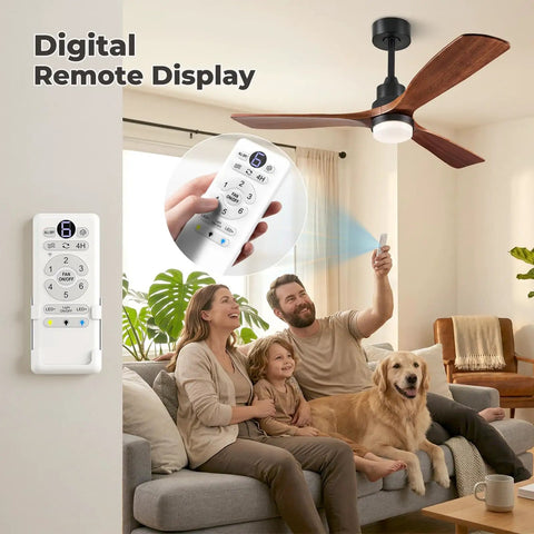 Family using 60 Inch Smart Ceiling Fan With Lights For Outdoor Patio And Covered Porch, Three Real Wood Blades In Dark Walnut, Alexa And Google Assistant Voice Control, App And Remote, Quiet DC Motor, sitting in living room with remote control display.