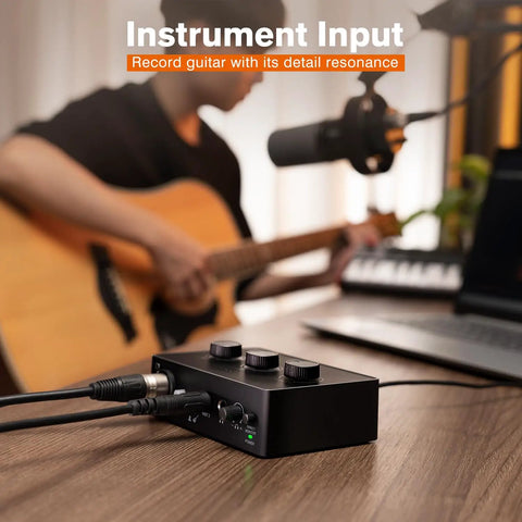 PC Audio Mixer USB Interface For Streaming And Podcasting With XLR And Instrument Inputs 48V Phantom Power Gain Knob Monitor Output