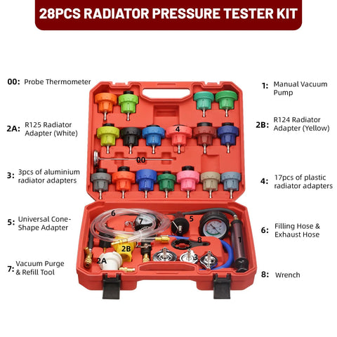 Front view of HZAUTOS 28-piece radiator coolant vacuum refill kit in a red case with colorful adapters and pressure gauge