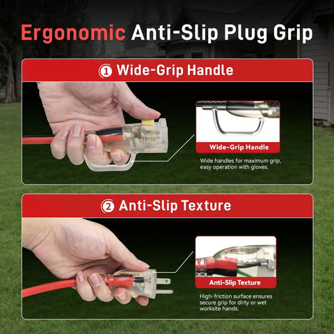 Dang Tough 25 Foot Extension Cord With Secure Locking Plug And Bright Led Light ergonomic anti-slip plug grip with wide handle and textured surface for secure hold.