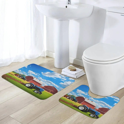 Farm Tractor Print Bath Rug Set 2 Piece Non Slip U Shaped Contour Toilet Mat And Plush Bath Mats Ultra Soft Absorbent Velvet Machine Washable Home Decor in bathroom setting.