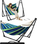 2 In 1 Hammock And Swing Chair With Collapsible Steel Stand And Portable Carry Case Adjustable And Quick Setup shown in use