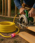 10 Gauge 100 Ft Extension Cord 15 Amp 10 3 Grounded Outdoor Contractor Grade Power Cord with lighted ends in outdoor use with saw