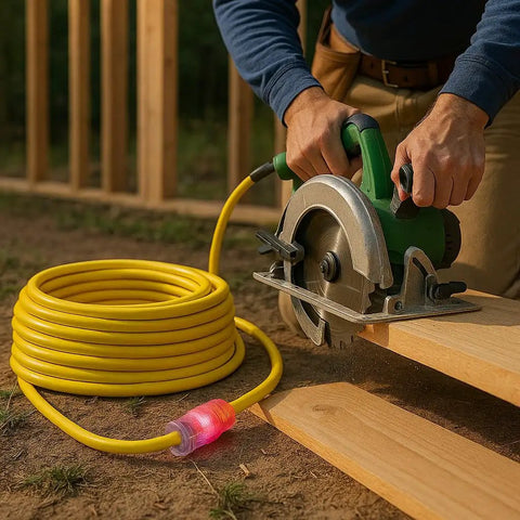 10 Gauge 100 Ft Extension Cord 15 Amp 10 3 Grounded Outdoor Contractor Grade Power Cord with lighted ends in outdoor use with saw