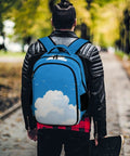 Free As A Bird Printed Unisex Backpack with large capacity worn by person outdoors, showing durable polyester material with cloud design.