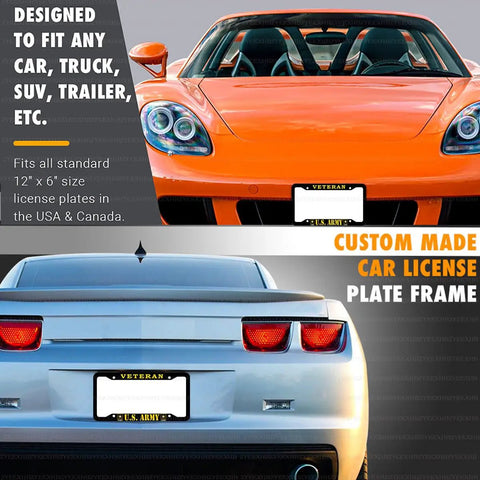 Two Pack Matte Black Aluminum License Plate Frame For US Army Veterans, 4-Hole 12x6 Inch Car Plate Holder on vehicles