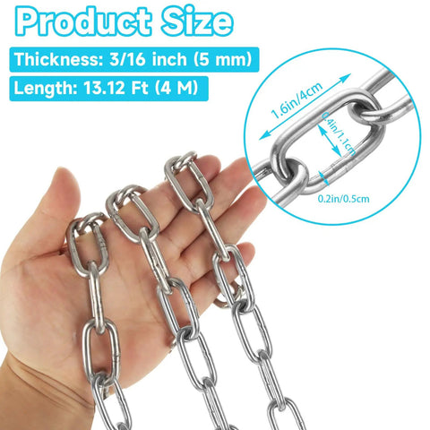 Beefy 5mm 304 Stainless Steel Chain Heavy Duty 13.1 Feet Silver Outdoor Hanging Link Chain For Swing Fence Gate Garden Anchor Security DIY Home Hardware, 5mm links in hand