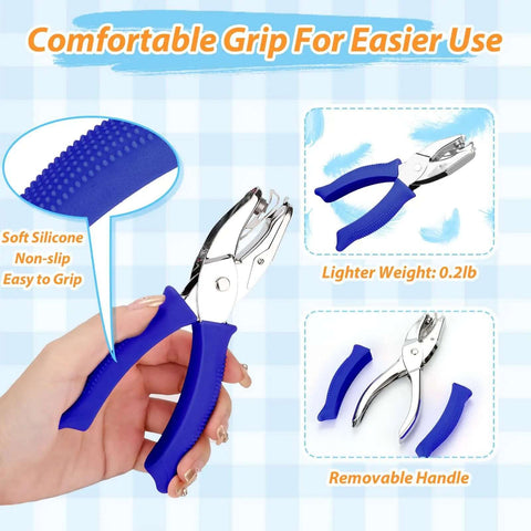 Person holding Four Pack Shape Hole Punch Set With Soft Grip For Binder Scrapbooking And Cards No Boring Holes in blue