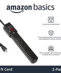 Six-Outlet Surge Protector Power Strip With 200J Protection And Circuit Breaker, 2ft Extension Cord, Black, 2-Pack