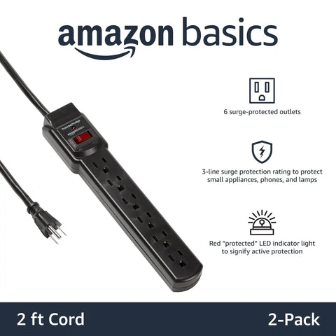 Six-Outlet Surge Protector Power Strip With 200J Protection And Circuit Breaker, 2ft Extension Cord, Black, 2-Pack