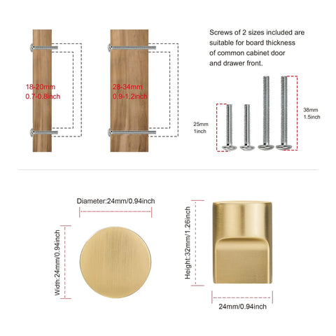 Diagrams showing dimensions and screws for Champagne Bronze Cabinet Knobs with installation details.