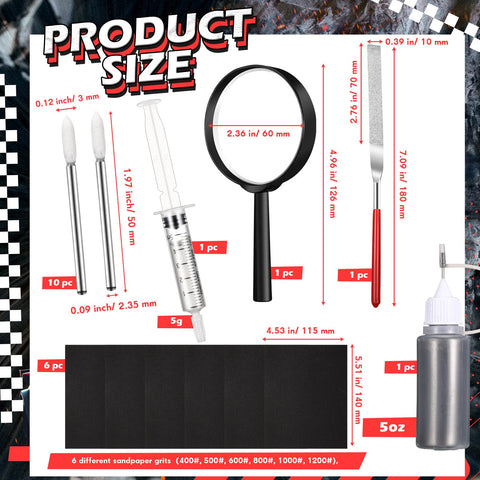 Pinewood Derby Car Polishing Kit with graphite powder, buffing wool head, magnifying glass, flat file, sandpaper set dimensions