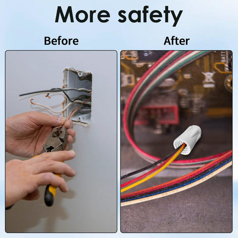 Before view: hand using wire stripper on exposed conductors inside a wall electrical box.
After view: installed ceramic wire connector (porcelain twist cap) on colored wires.