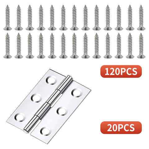 2-inch stainless steel folding hinges, front view, 20pcs with 120 screws for wooden boxes