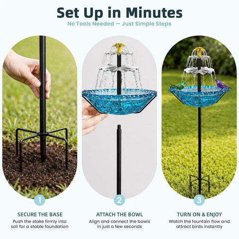 Sun Powered Bird Bath Fountain With Metal Stake Stand And Upgraded Spray System For Outdoor Gardens Yards Patios And Lawns Automatic Cascading Water Flow No Wiring Or Batteries Needed Blue XL Decor
