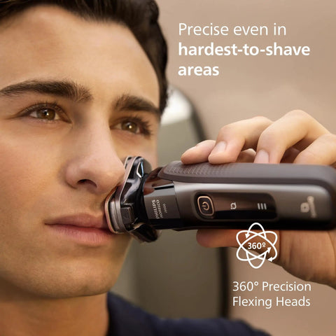 Wet And Dry Electric Shaver With SenseIQ Technology For A No Nonsense Close Shave And Skin Comfort, Triple Lift And Cut System For Tough Areas, 360 Rotating Dual Steel Precision Blades, Nose Trimmer, Model X9000 90 on cheek