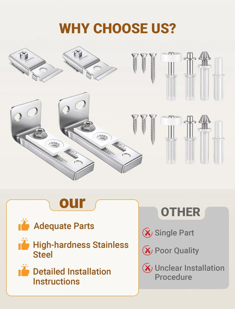 Heavy Duty Bifold Door Hardware Repair Kit 2 Pack for Bi Fold Sliding Closet Doors Replacement Parts With Top And Bottom Brackets Pivots And Guide Wheels Includes Mounting Screws For Folding Pocket And Accordion Doors in stainless steel with screws and pivots.