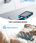 Ultra Portable 38800mAh Solar Charger Power Bank With USB C Input Output Waterproof Outdoor Backup Battery Pack LED Flashlights And Built In Compass Great For Camping Hiking Travel Phone And Android showing USB and solar charging modes