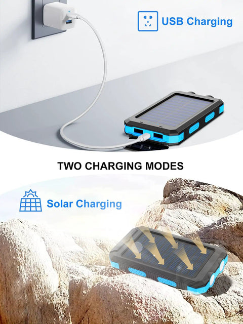 Ultra Portable 38800mAh Solar Charger Power Bank With USB C Input Output Waterproof Outdoor Backup Battery Pack LED Flashlights And Built In Compass Great For Camping Hiking Travel Phone And Android showing USB and solar charging modes