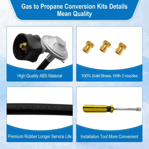 Gas To Propane Conversion Kit For Spirit II 310 315 E310 E210 Grills With 5Ft Regulator Hose Specific Fit BTU Matched Orifices Easy Switch From Natural Gas To Propane components including ABS regulator, brass nozzles, rubber hose, and screwdriver