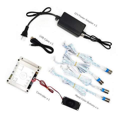 Escape Room LED Button Set With 7 Color Lights Color Password Trigger including controller, USB cable, power adapter, metal buttons