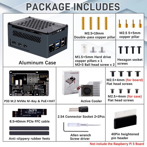 P33 M.2 NVMe M Key PoE Plus Hat With Official Pi 5 Active Cooler And Aluminum Case For Raspberry Pi 5 Supports 2230 2242 2260 And 2280 NVMe SSDs For Fast Storage And Easy System Expansion, aluminum case kit