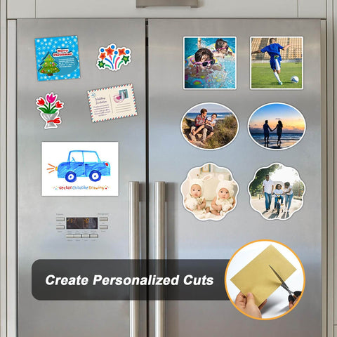 Magnetic fridge decorations made with Cuttable Magnetic Sheets Six Pack 8 By 10 Inches With Adhesive Backing For Crafts Paper Magnets And Stickers
