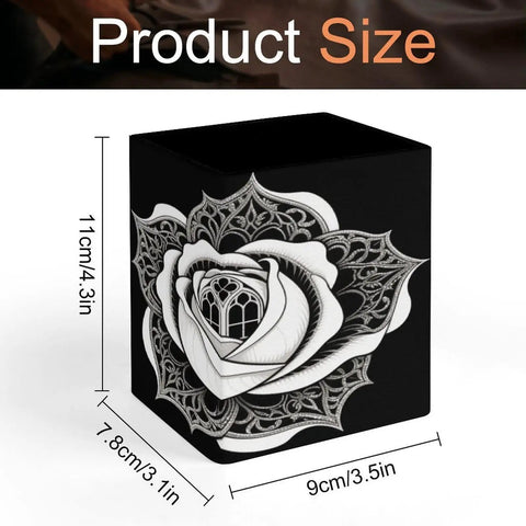 PU Leather Pen Holder Desk Organizer with Rose Floral Design, 11cm tall, showcasing detailed floral pattern.