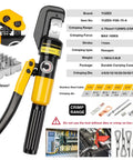 10 Ton Hydraulic Crimping Tool Kit With 9 Dies For 12 AWG To 2/0 Battery Cables shown with specifications and carrying case