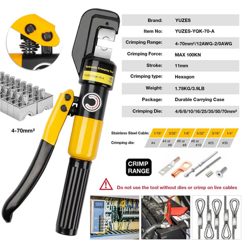 10 Ton Hydraulic Crimping Tool Kit With 9 Dies For 12 AWG To 2/0 Battery Cables shown with specifications and carrying case