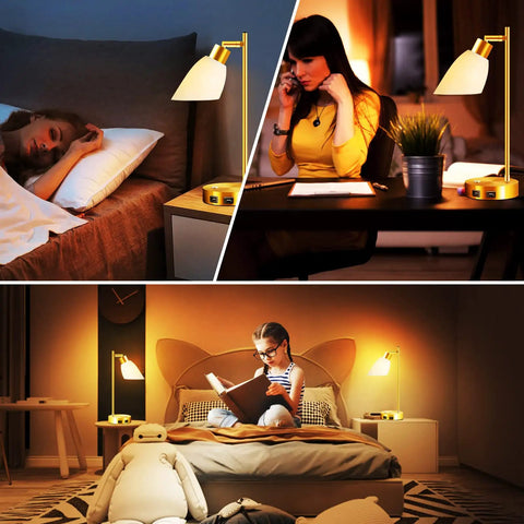 Gold Brass Industrial Table Lamp with USB on nightstands and desks, showing dimmable touch control LED filament bulb in various rooms.
