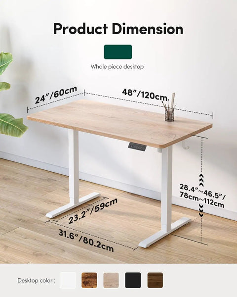 CubiCubi Large Electric Height Adjustable Standing Desk Maple Surface with dimensions noted, featuring solid one piece design.