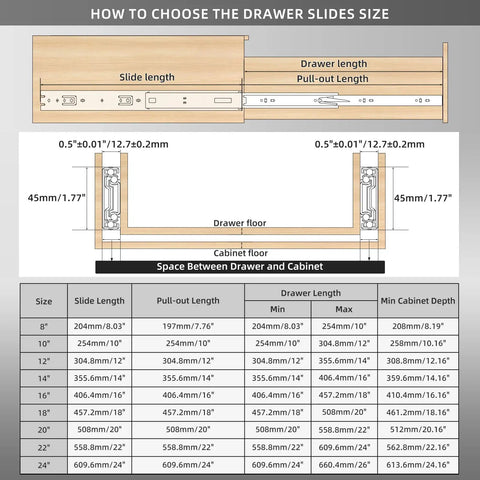 Diagram for choosing Full Extension Drawer Slides Pair 8 To 24 Inch, 100 LB Load Capacity, showing measurements and sizes.