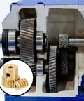 Uxcell worm gear set, 20T, 0.5 module, 20:1 reduction; brass gear inset in blue gearbox housing (front view)