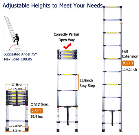 Image showing Collapsible Telescoping Ladder 9.5 Ft Reach, Aluminum Folding Extension Ladder in various extended positions.